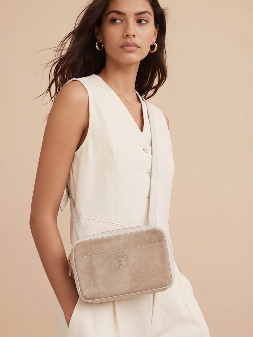 Loewe Vintage Beige Suede Crossbody Bag w/ Original Dustbag and COA